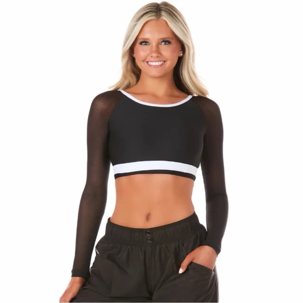 NEW Rebel Athletic Next Up Long Sleeve Bra Top Black White Cheer Dance Mesh